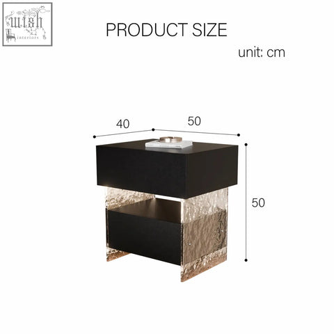 Black and gold textured ibarra bedside table with storage and light strip in a sleek modern design