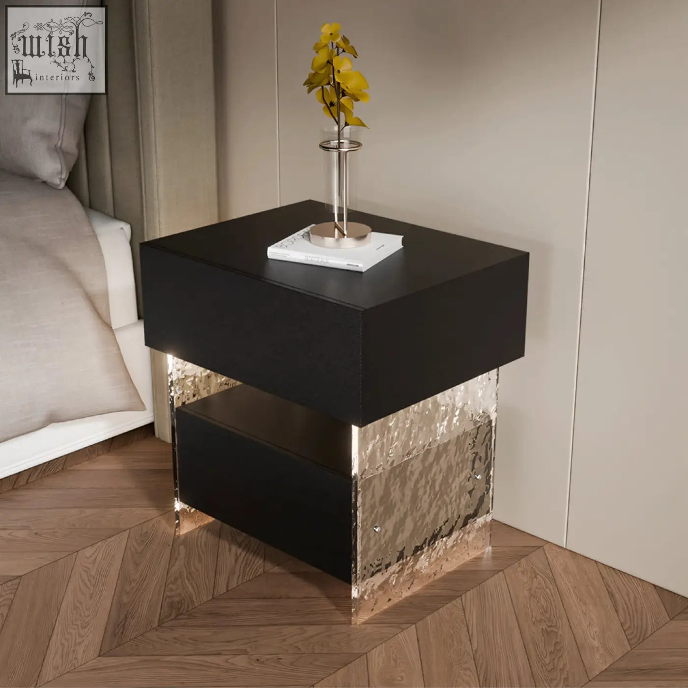 Black modern ibarra bedside table with storage and textured metallic base featuring light strip for bedroom use