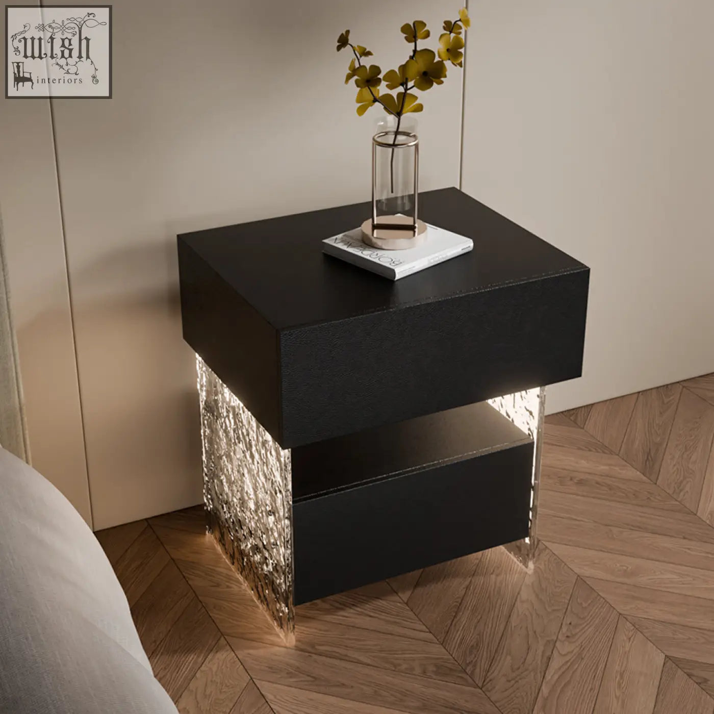 Black modern ibarra bedside table with textured top and sparkling illuminated glass sides for stylish storage