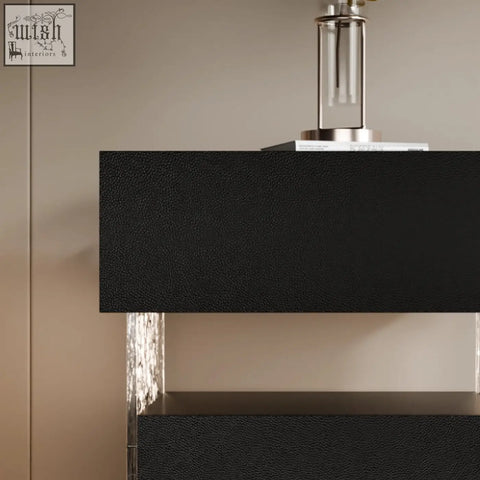 Black textured ibarra bedside table with sleek metallic legs and modern minimalist design with storage and light strip