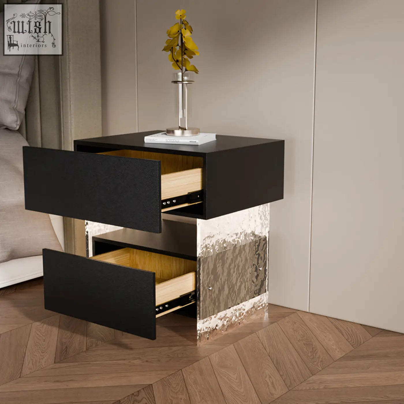 Modern black ibarra bedside table with textured metallic base light wood drawer interiors and built-in light strip