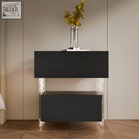 Modern black ibarra bedside table with storage light strip and transparent crystal-like legs for stylish bedside use