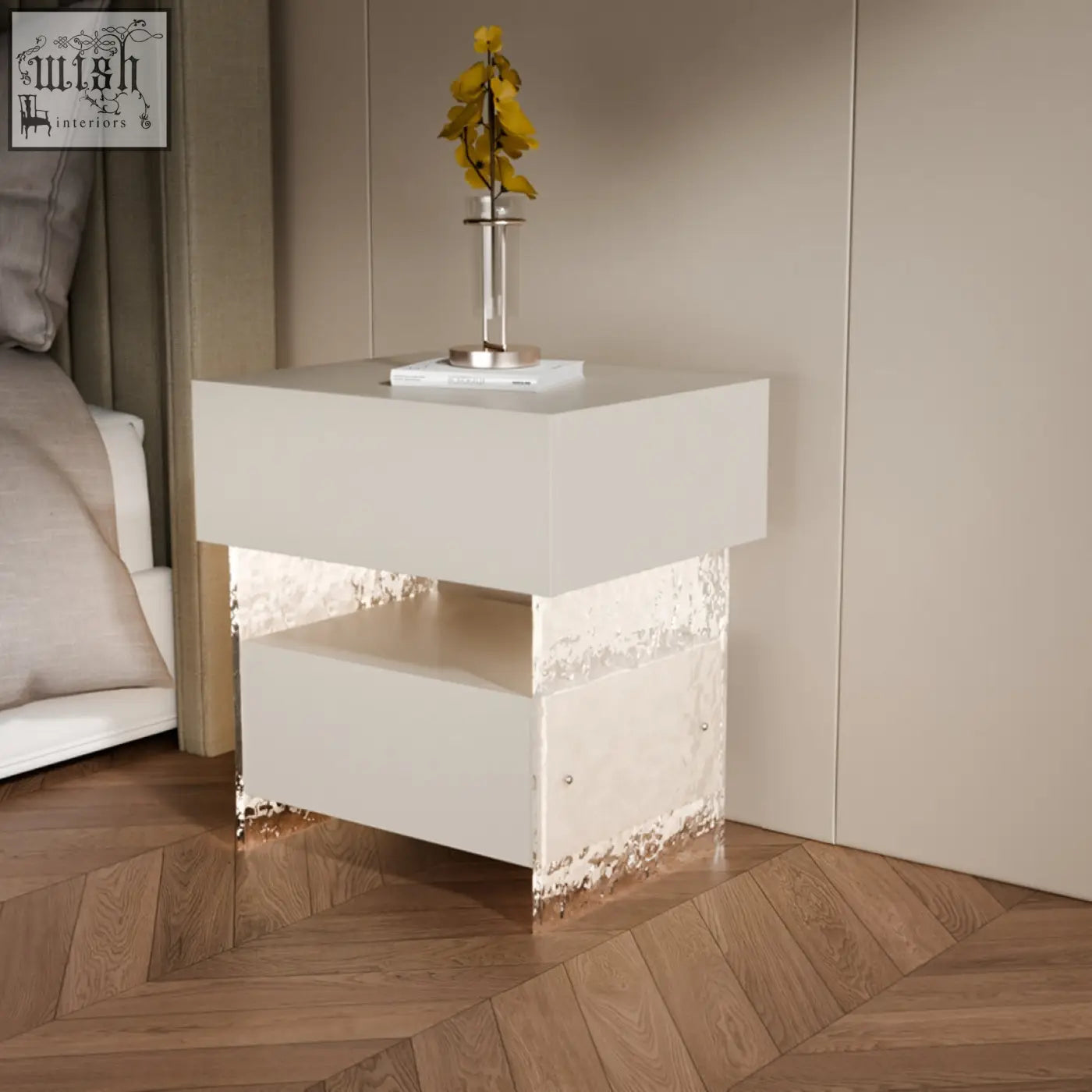 Modern white ibarra bedside table with glossy finish textured metallic-edged base and built-in light strip storage