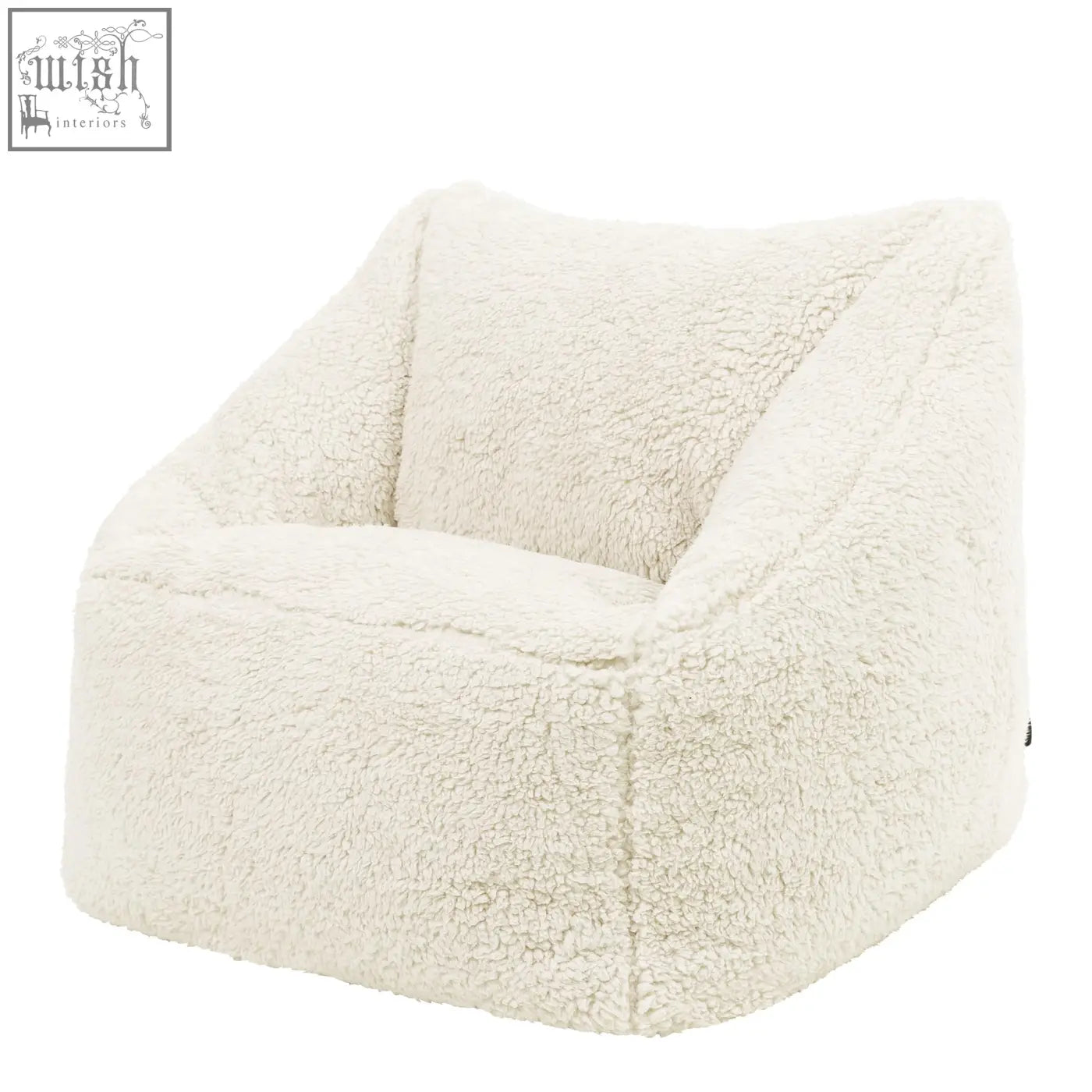 Cream kids bean bag chair with plush teddy fleece texture and angular design perfect for kids nursery decor