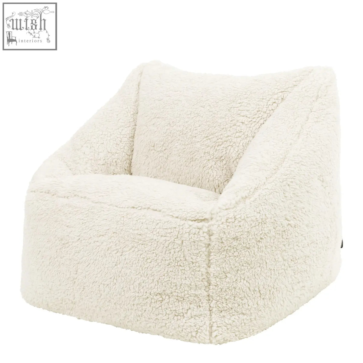 Cream kids bean bag chair with plush teddy fleece texture and angular design perfect for kids nursery decor