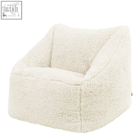 Cream kids bean bag chair with plush teddy fleece texture and angular design perfect for kids nursery decor