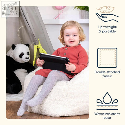 Soft white fluffy kids bean bag chair with teddy fleece fabric double stitched and water resistant base for nursery decor