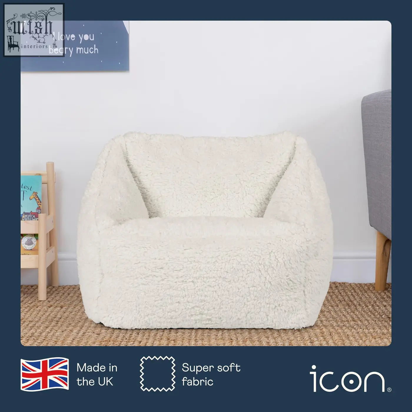 Cream kids bean bag chair made of plush teddy fleece with cozy rounded design perfect for kids nursery decor