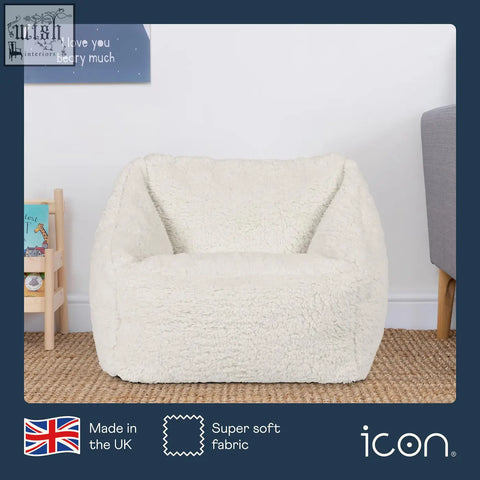 Cream kids bean bag chair made of plush teddy fleece with cozy rounded design perfect for kids nursery decor