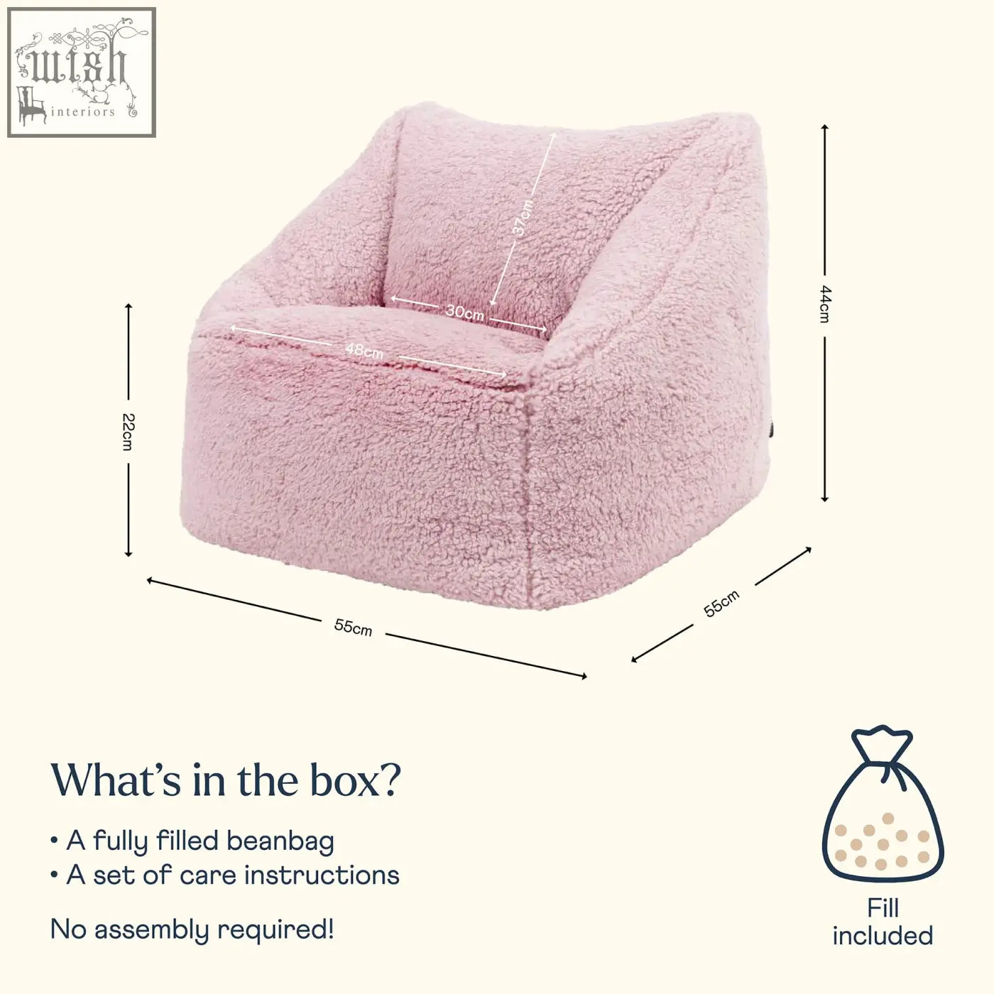 A light pink fluffy kids bean bag chair with teddy fleece material and square shape perfect for nursery decor