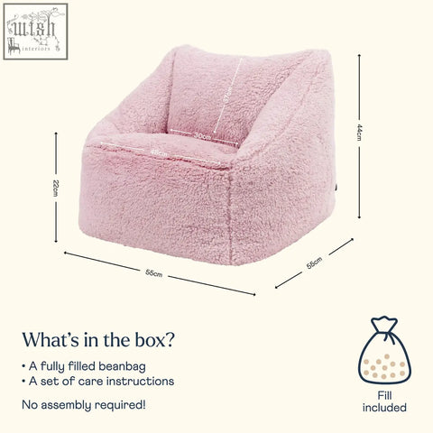 A light pink fluffy kids bean bag chair with teddy fleece material and square shape perfect for nursery decor
