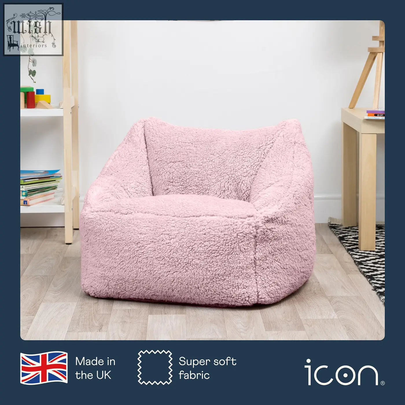 Pink kids bean bag chair made from super soft teddy fleece fabric perfect for nursery decor and kids rooms