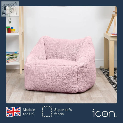 Pink kids bean bag chair made from super soft teddy fleece fabric perfect for nursery decor and kids rooms