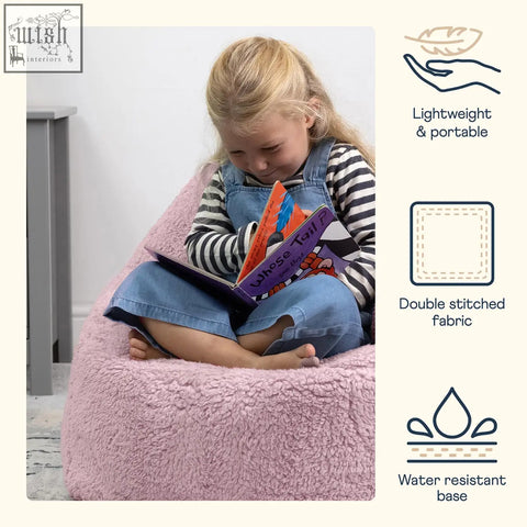 Pink fluffy kids bean bag chair with teddy fleece fabric and water-resistant base perfect for girls and boys nursery decor