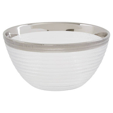 A sleek white embossed glass bowl with polished silver rim and subtle horizontal ridges perfect for serving