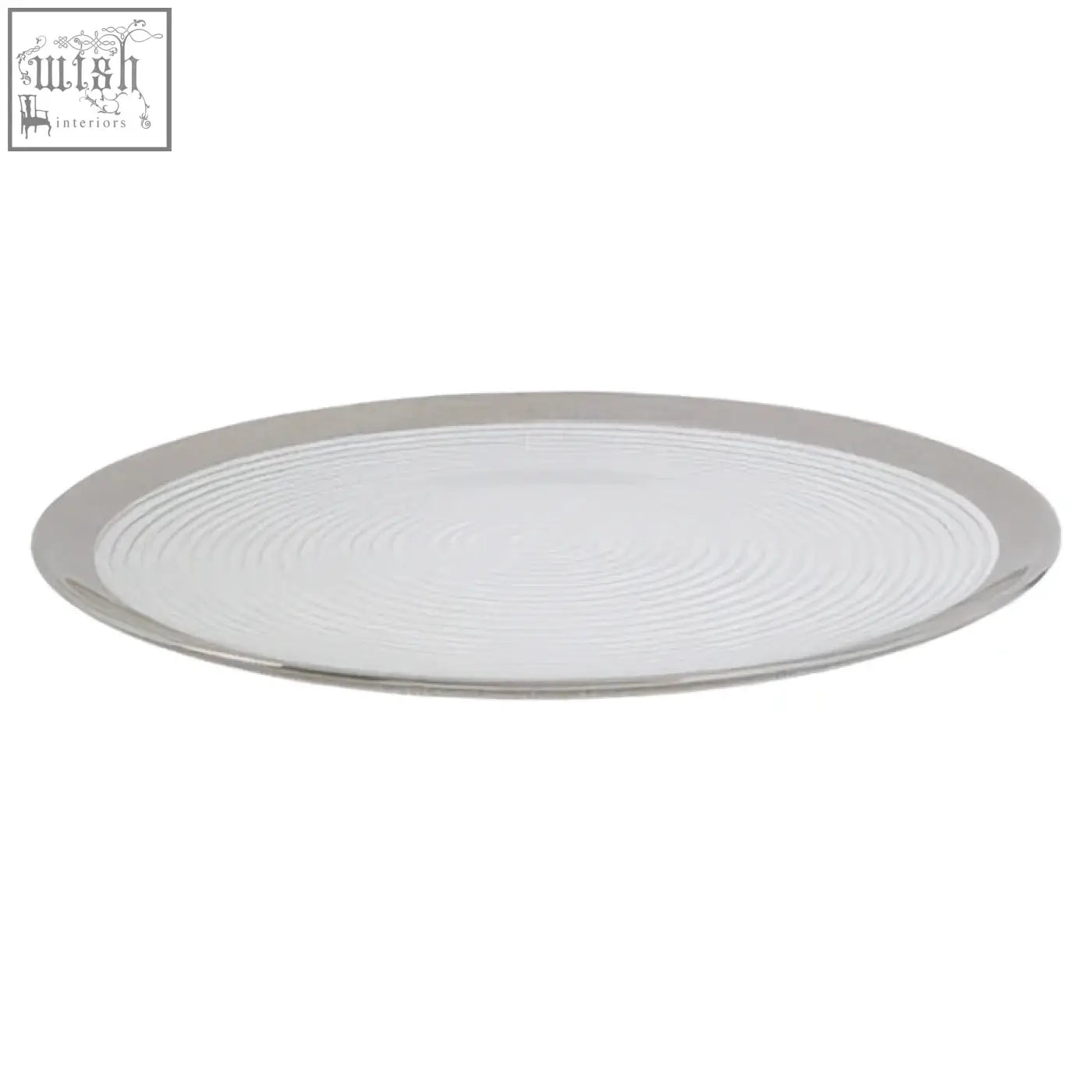 Ida embossed glass coupe charger plate silver rim with textured concentric ripple pattern and smooth metallic edge