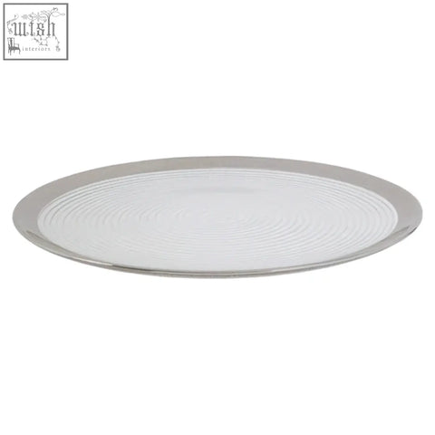 Ida embossed glass coupe charger plate silver rim with textured concentric ripple pattern and smooth metallic edge