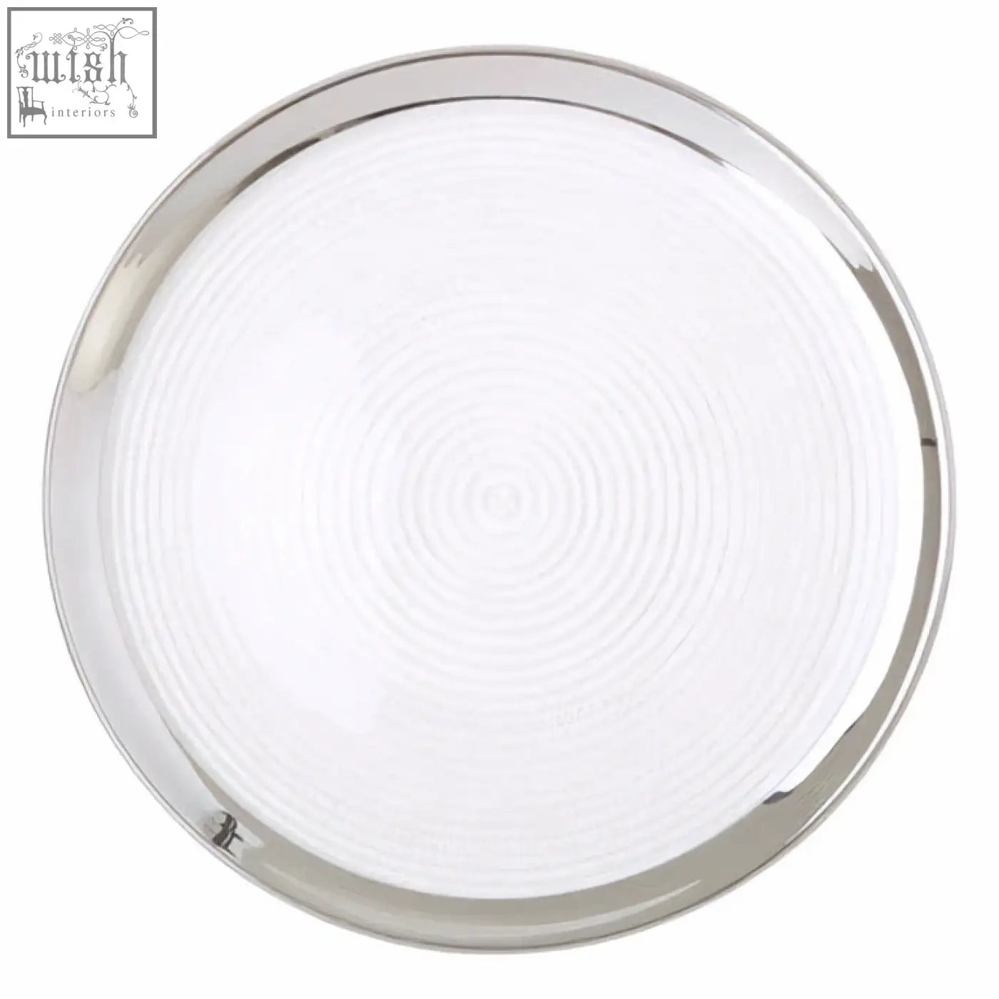 Ida embossed glass coupe charger plate with silver rim and circular ceiling light with chrome frame and frosted glass diffuser