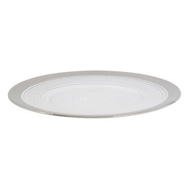 White embossed glass dinner plate with silver rim and subtle concentric circular patterns for elegant dining