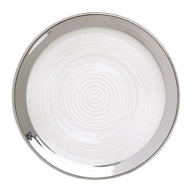 Ida embossed glass side plate with silver rim is sleek white ceramic with subtle concentric ridges and glossy finish