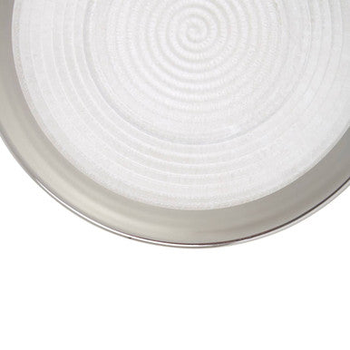 Ida embossed glass side plate with white circular tray, embossed glass ridges, and shiny silver rim