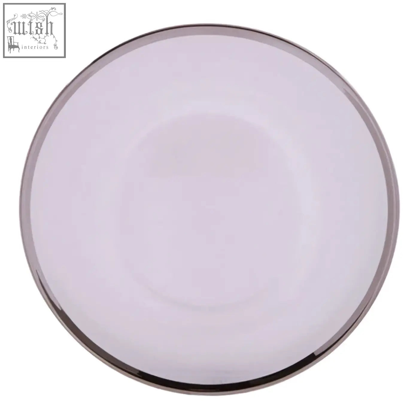 Ida glass charger plate featuring a sleek white ceramic design with a polished silver rim for elegant table settings