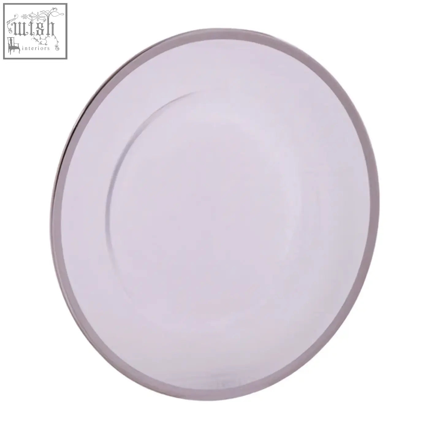 Ida glass charger plate with silver rim featuring a sleek white ceramic design and subtle silver rim detail