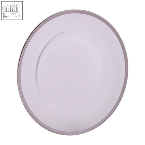 Ida glass charger plate with silver rim featuring a sleek white ceramic design and subtle silver rim detail