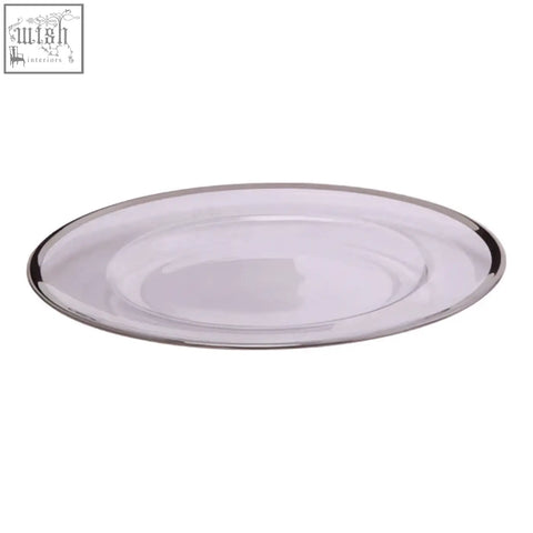 Clear glass charger plate with a silver rim perfect for stylish table settings and elegant dining occasions