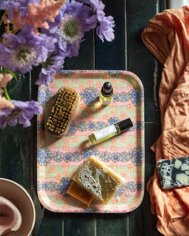 Ida wooden tray pink floral patterned with soft pastel hues and delicate botanical vintage-inspired design