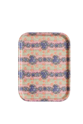 Ida wooden tray rectangular with rounded corners pastel pink and mint green stripes and purple peach floral patterns