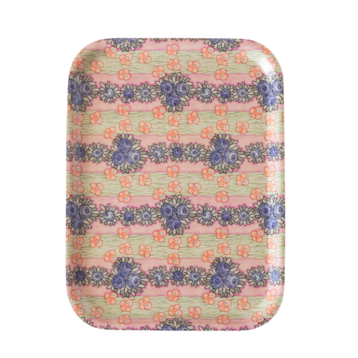 Ida wooden tray with rounded corners featuring pastel pink and mint green stripes with purple and peach flowers