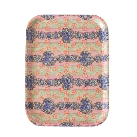 Ida wooden tray with rounded corners featuring pastel pink and mint green stripes with purple and peach flowers