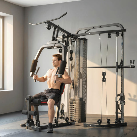 SPORTNOW Home Multi Gym Smith Machine with 65kg Weight Stack, Cable Pulley System, Chest Station, Preacher Pad & Leg Developer