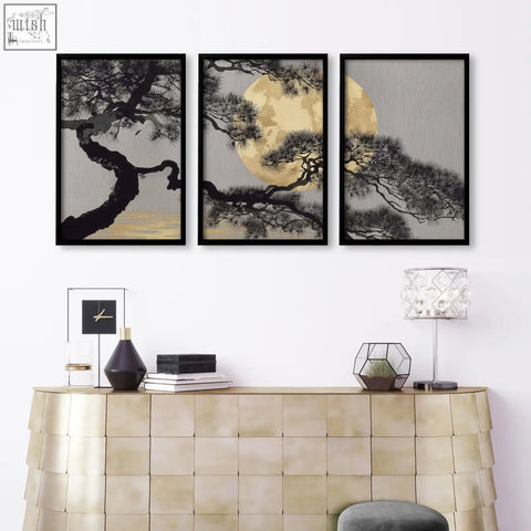 Three black-framed pine branch wall art set with gold moon and gray sky perfect for living room wall decor