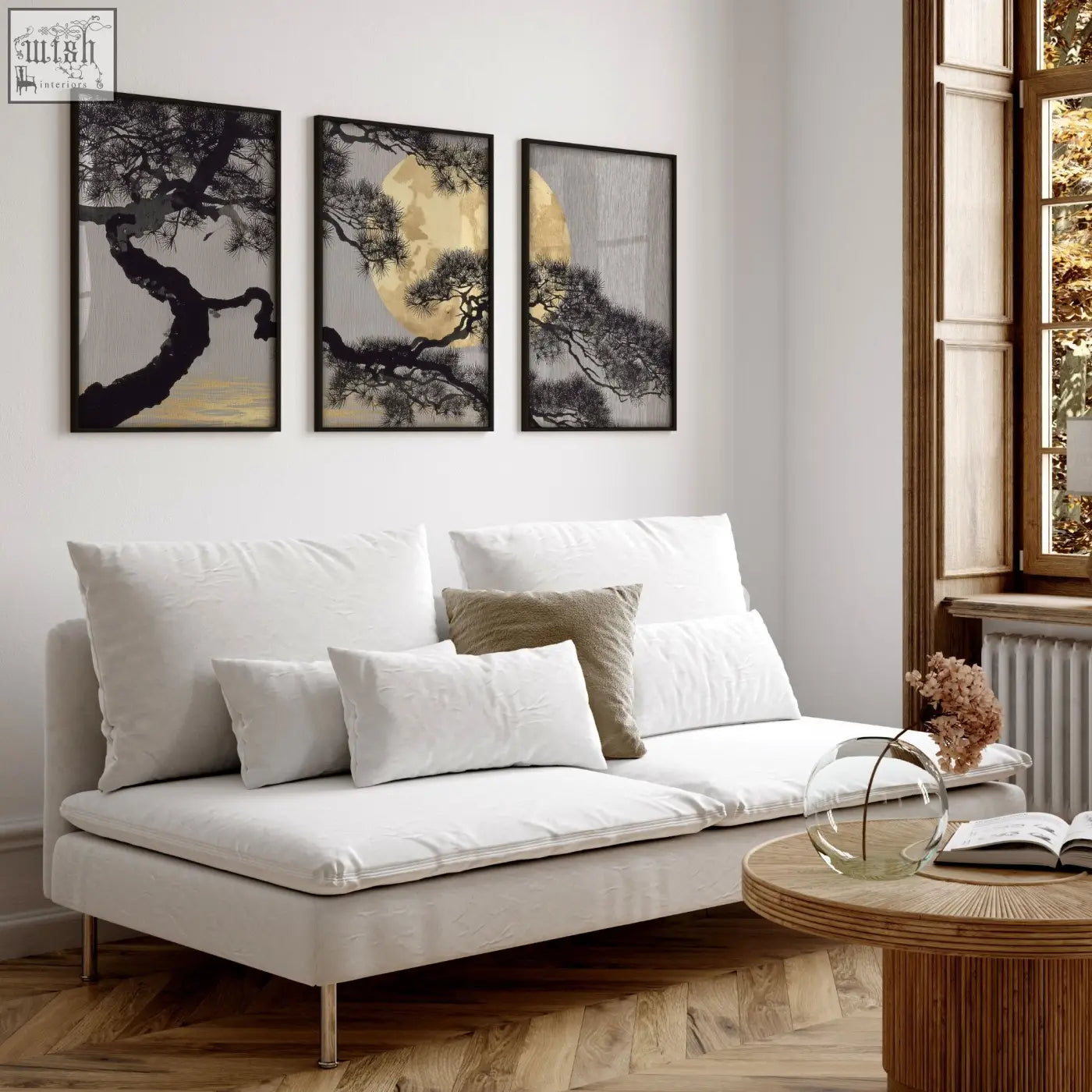 Three framed black and white japanese pine moon wall art with gold accents for living room wall above sofa