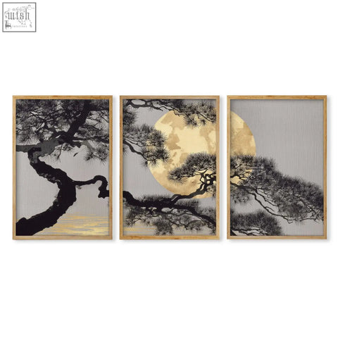 Set of 3 framed living room wall art featuring black pine branches and a gold moon on textured gray background