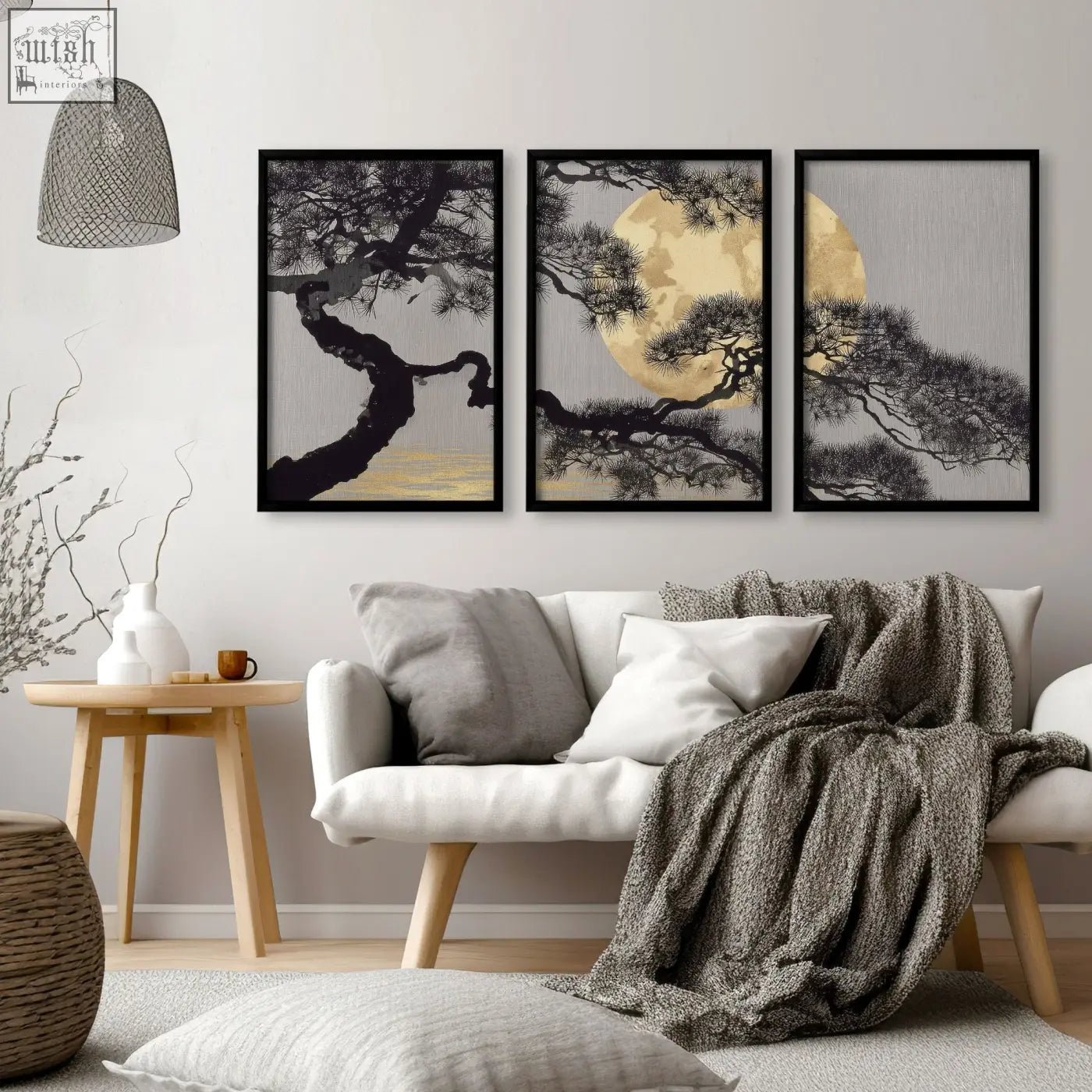 Three framed wall art pieces featuring japanese pine trees and a full moon in grey and gold for living room decor