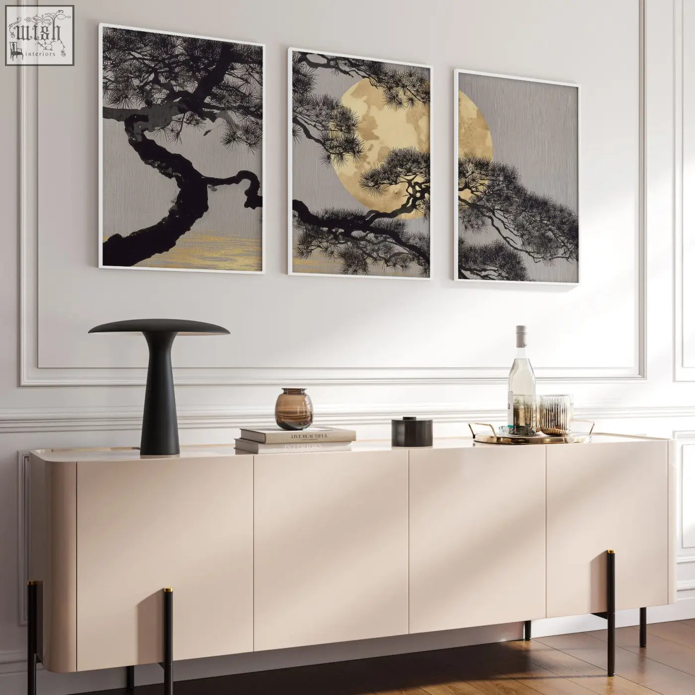 Three framed living room wall art pieces featuring japanese pine trees against a golden moon with white frames