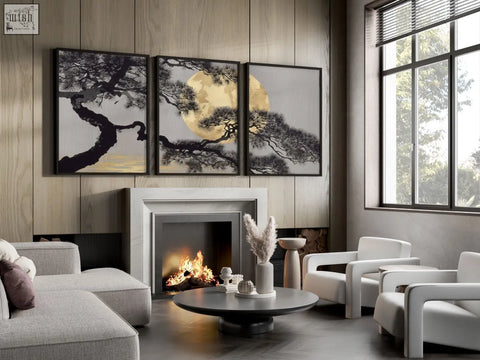 Three-panel minimalist living room wall art set with black pine branches gold moon and gray background framed in black