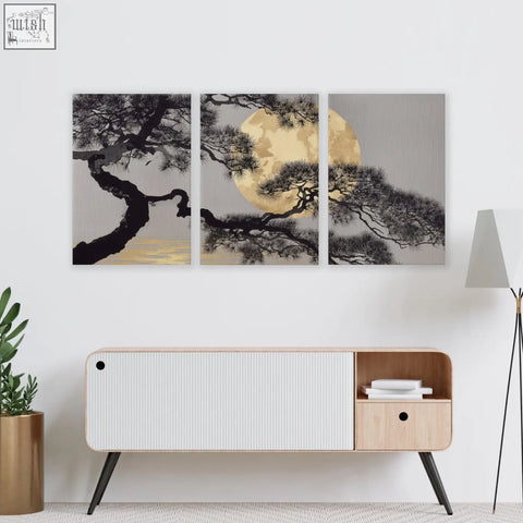 Three-panel minimalist living room wall art with black japanese pine silhouette and golden-yellow moon on gray background