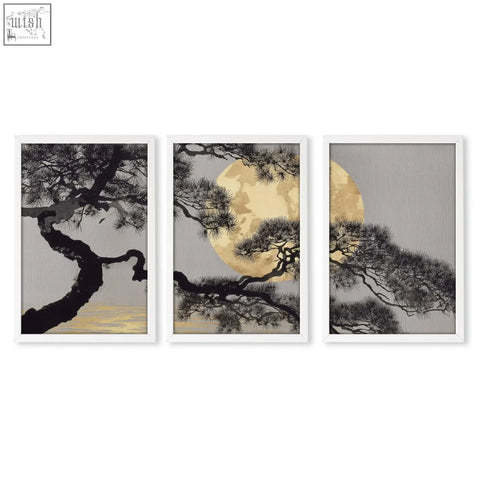Set of 3 living room wall art featuring black pine branches and a golden moon on textured gray background