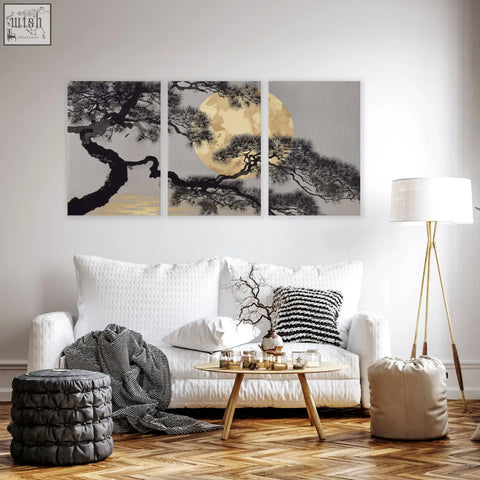 Three-panel minimalist living room wall art with black japanese pine silhouette and golden moon on gray beige backgrounds