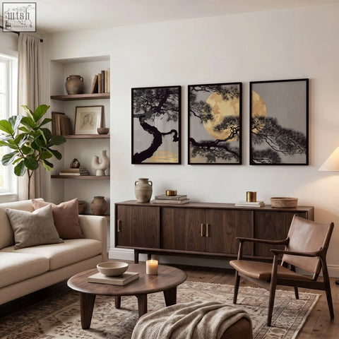 Dark wood sideboard with minimalist design and two-tone brass handles perfect for living room wall art display