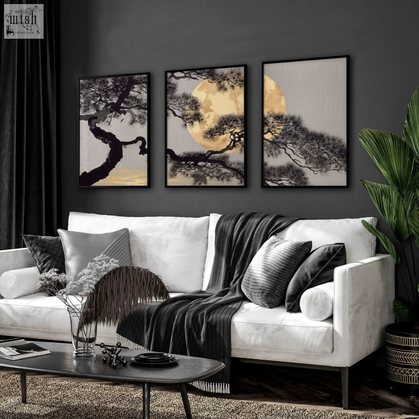 Three framed living room wall art pieces featuring stylized japanese pine trees against a full moon in grey and gold
