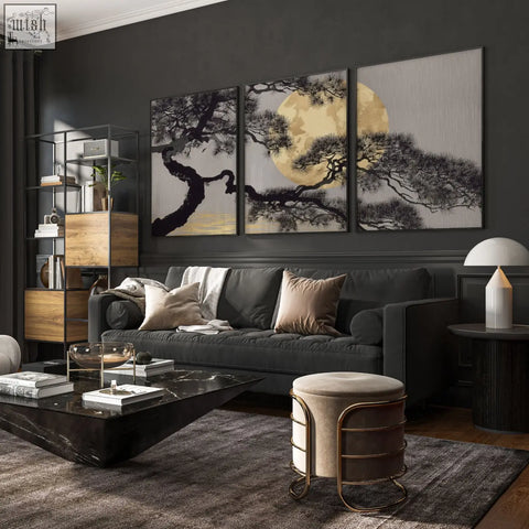 Black and gold framed triptych wall art of a japanese pine tree against a full moon for living room wall decor