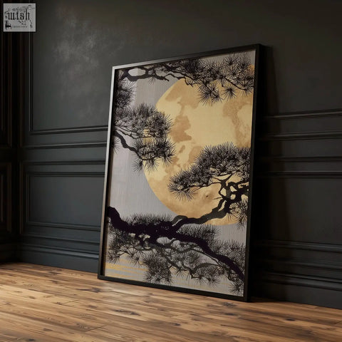 Black-framed living room wall art featuring golden moon and dark pine branches on muted gray background set of 3