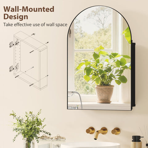 HOMCOM Bathroom Mirror Cabinet with Mirror, Arched Wall Mounted Bathroom Cabinet with Storage Shelves, Black
