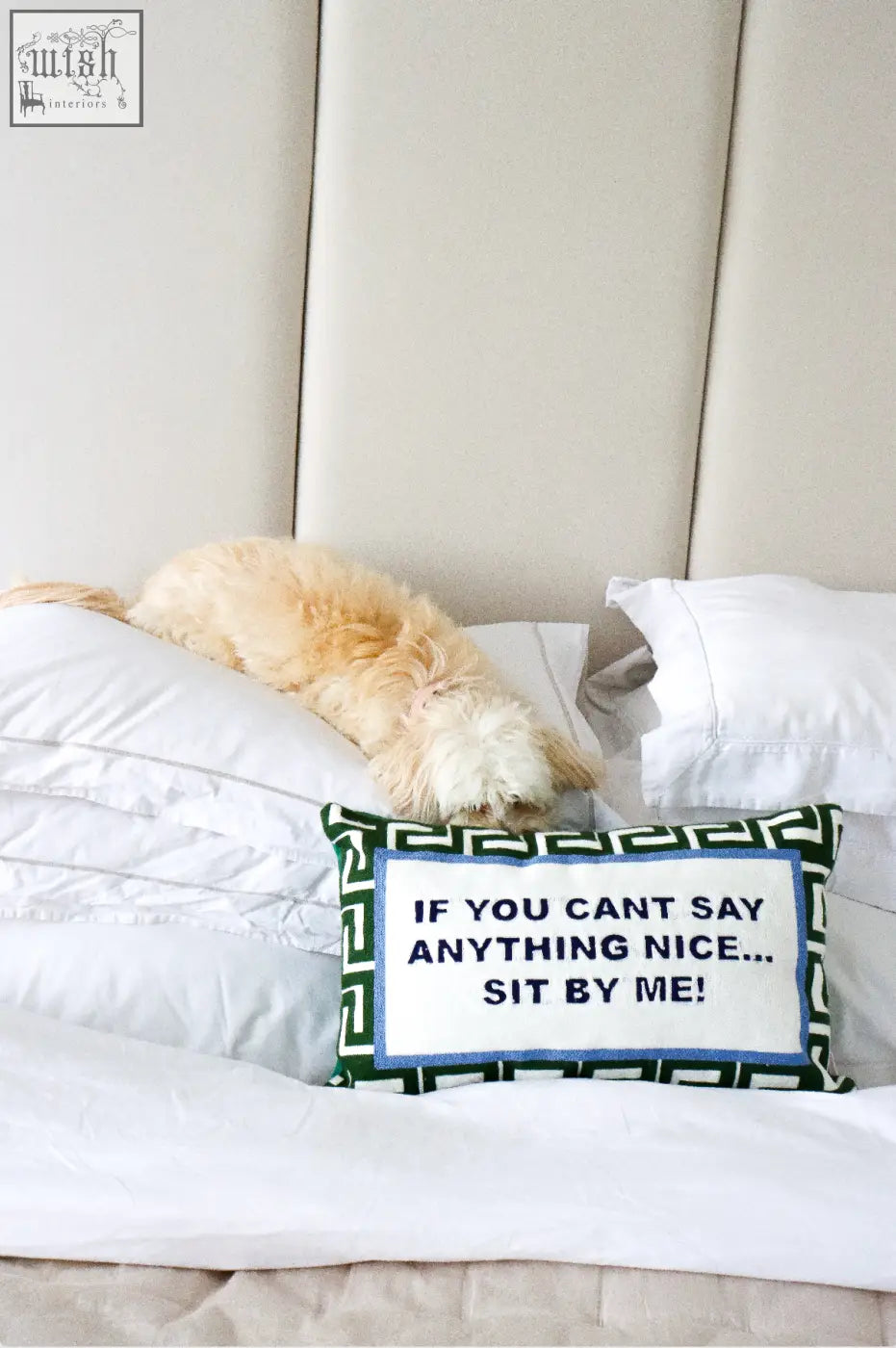 Green velvet needlepoint cushion with white and green embroidery and blue border featuring if you cant say anything nice text