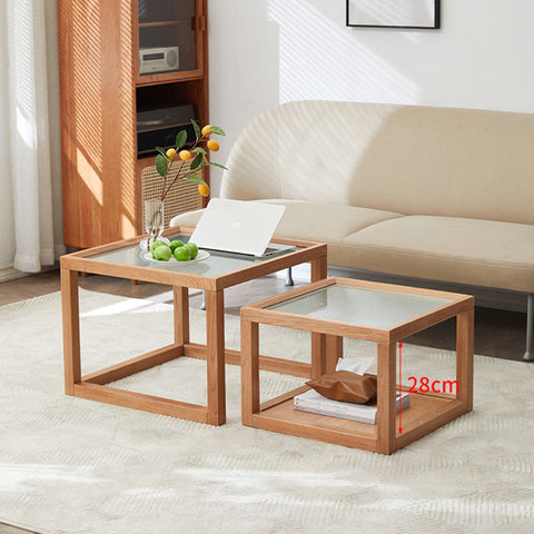 Modern minimalist iggy nesting wooden coffee table set with light wood frame and clear glass top, 28cm height nesting wooden coffee